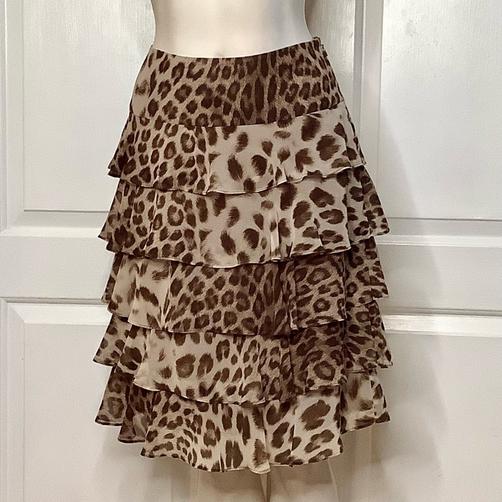 Talbots 6 Brown & Cream Leopard Polyester Print Lined Tiered Knee Length  Skirt